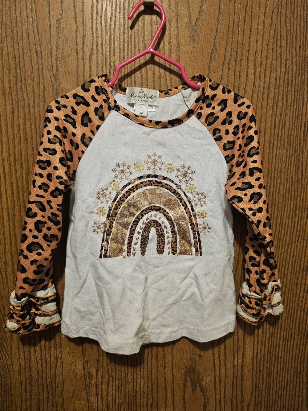 White Tee with Leopard Raglan Sleeves and Gold Rainbow